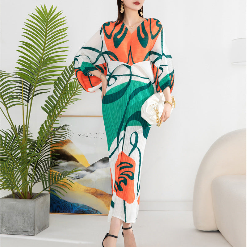 Women'S Temperament Pleated Print Batwing Sleeve Dress