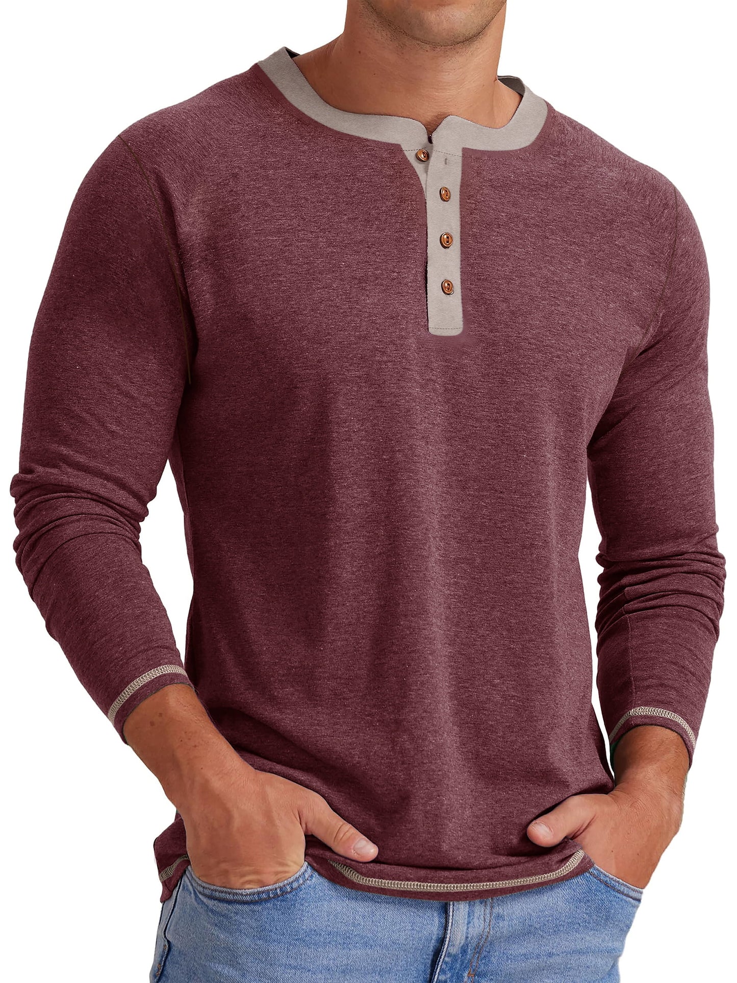 Crew Neck Henley Men Shirts Long Sleeve Shirts for Men Casual Color Block Tops