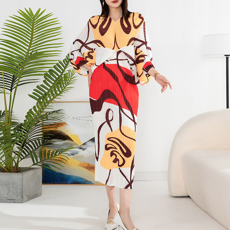 Women'S Temperament Pleated Print Batwing Sleeve Dress