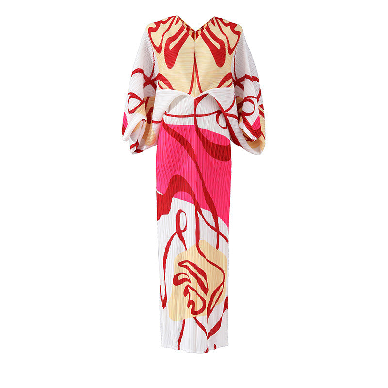 Women'S Temperament Pleated Print Batwing Sleeve Dress