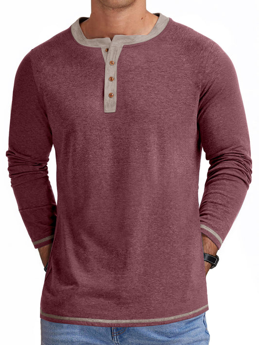Crew Neck Henley Men Shirts Long Sleeve Shirts for Men Casual Color Block Tops