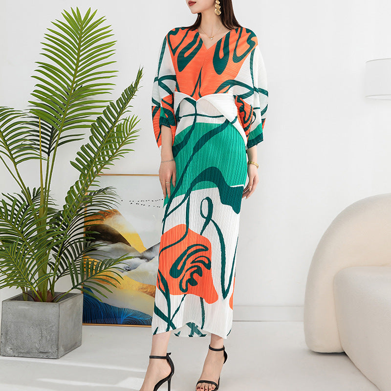 Women'S Temperament Pleated Print Batwing Sleeve Dress