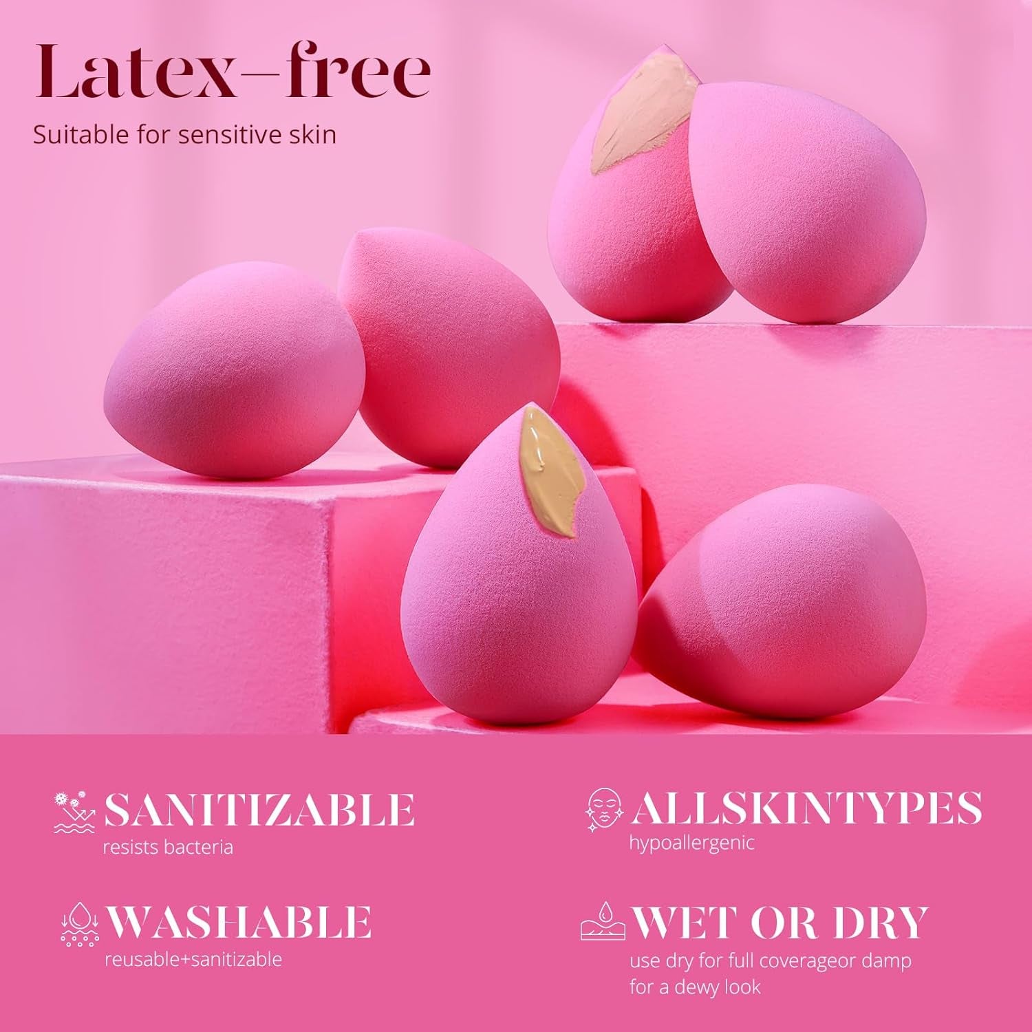Super Soft Makeup Sponge Set of 6, Makeup Sponges for Foundation, Liquid, Cream and Powder, Pink Beauty Sponge for Blending, 0 Latex Blender