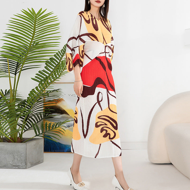 Women'S Temperament Pleated Print Batwing Sleeve Dress