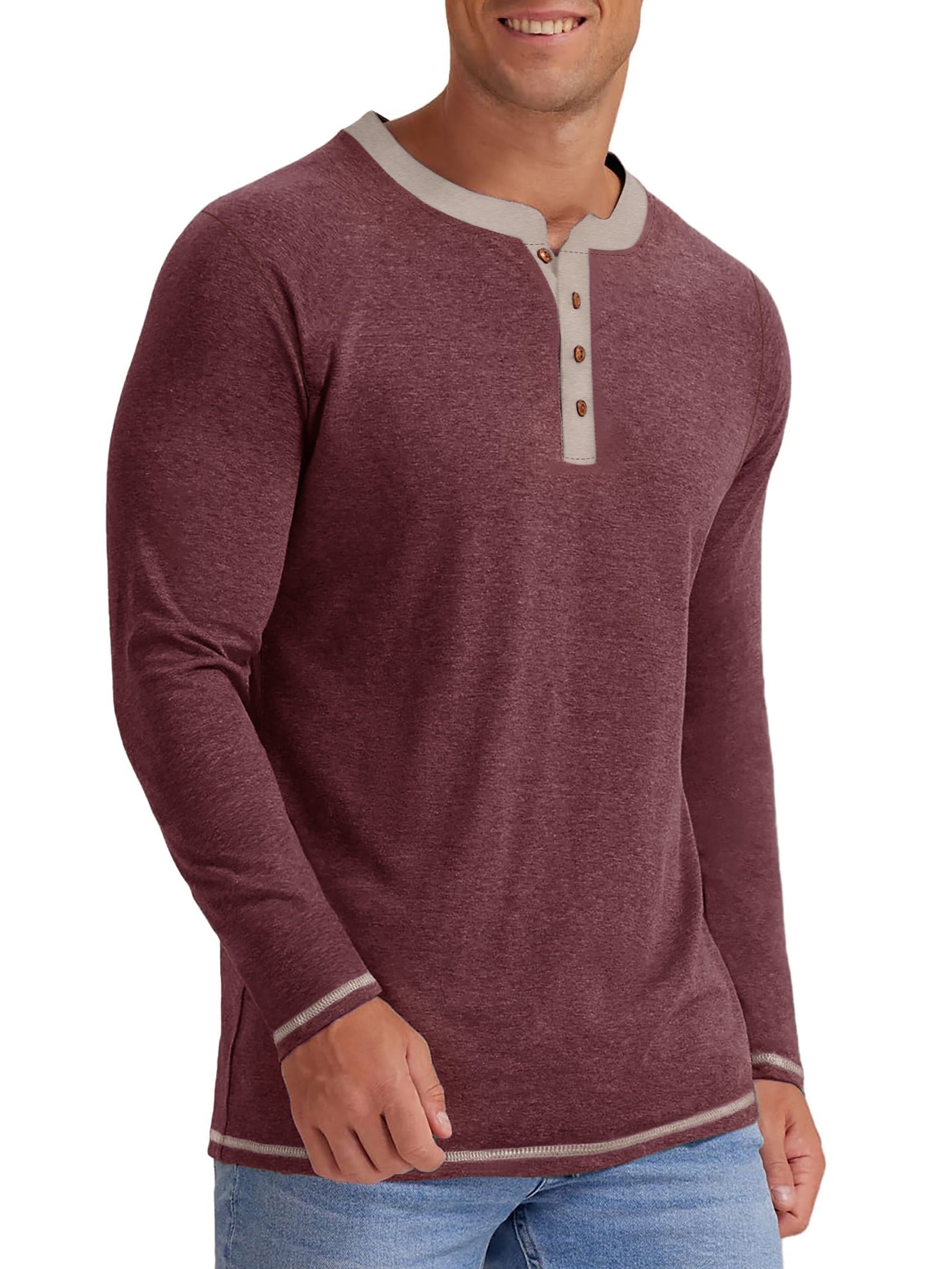 Crew Neck Henley Men Shirts Long Sleeve Shirts for Men Casual Color Block Tops